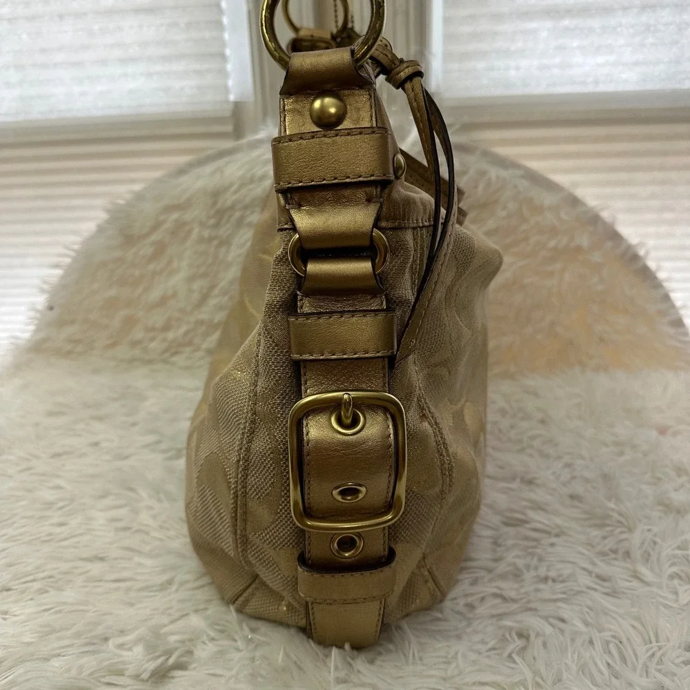 Coach Zoe Signature Metallic‎ Jacquard Print Large Hobo Bag Gold Leather Trims